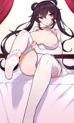 Rule 34 | 1girl, absurdres, black hair, breasts, comic aun, feet, highres, large breasts, light blush, long hair, parted lips, purple eyes, see-through, see-through legwear, sitting, soles, thighhighs, toes, tougetsu matsuri, twintails, white thighhighs