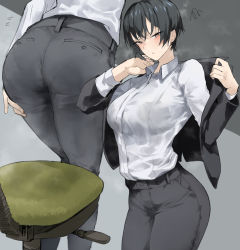 Rule 34 | 1girl, absurdres, ass, black hair, black jacket, blazer, blush, bra visible through clothes, breasts, brown eyes, chair, collared shirt, commentary request, grey pants, highres, jacket, kyoyakyo, large breasts, long sleeves, looking at viewer, multiple views, office chair, office lady, open clothes, open jacket, original, pants, pantylines, shirt, shirt tucked in, short hair, steaming body, sweatdrop, swivel chair, very short hair, white shirt, wing collar
