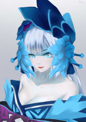 Rule 34 | 1girl, absurdres, aoandon, artist name, bare shoulders, blue eyes, blunt bangs, breasts, cleavage, flower, gradient background, grey background, hair flower, hair ornament, highres, japanese clothes, kanzashi, lipstick, long hair, makeup, muta (csw), off shoulder, onmyoji, pale skin, solo, upper body, white hair
