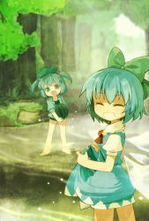 Rule 34 | 2girls, bad id, bad pixiv id, blue eyes, blue hair, bow, chaba (hortensia), cirno, clothes lift, dress, dress lift, food, fruit, grin, hair bobbles, hair bow, hair ornament, hat, kawashiro nitori, multiple girls, short hair, smile, touhou, twintails, two side up, wading, watermelon, wings
