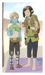 Rule 34 | 2boys, absurdres, armlet, bare shoulders, barefoot, blonde hair, blue eyes, bozai (zelda), bridal gauntlets, brown gloves, brown hair, brown jacket, crossdressing, detached sleeves, earrings, full body, gerudo set (zelda), gloves, green shirt, heart hands failure, highres, jacket, jewelry, link, long sleeves, looking at viewer, male focus, midriff, mouth veil, multiple boys, navel, nintendo, official alternate costume, open clothes, open jacket, pointy ears, shirt, short hair, standing, stomach, the legend of zelda, the legend of zelda: breath of the wild, trap, ttanuu., veil
