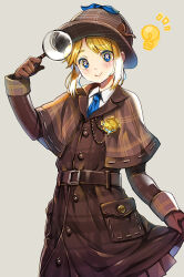 Rule 34 | 1girl, badge, belt, blue eyes, blue necktie, brown belt, brown capelet, brown coat, brown gloves, brown hat, brown skirt, buttons, capelet, coat, collared shirt, cowboy shot, cross-shaped pupils, deerstalker, detective, emma woods, emma woods (lady truth), freckles, gloves, grey background, hand up, hat, holding, holding magnifying glass, identity v, light bulb, looking at viewer, magnifying glass, meesuke, necktie, official alternate costume, plaid, plaid capelet, plaid coat, pouch, shirt, short hair with long locks, simple background, skirt, skirt hold, smile, smoking pipe, solo, swept bangs, symbol-shaped pupils, white shirt