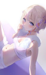 Rule 34 | 1girl, absurdres, blonde hair, blue hair, blush, breasts, cleavage, hair ornament, hairpin, highres, hololive, hololive dev is, looking at viewer, medium breasts, multicolored hair, navel, nisi ki no, purple eyes, short shorts, shorts, streaked hair, sweat, tank top, todoroki hajime, towel, towel around neck, two side up, virtual youtuber, white shorts, white tank top