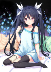 Rule 34 | 1girl, bed, black hair, black thighhighs, book, casual, collarbone, flower, full body, hagi (ame hagi), hair between eyes, hair ribbon, highres, long hair, looking at viewer, md5 mismatch, no shoes, on bed, ore twintail ni narimasu, pillow, purple eyes, resolution mismatch, ribbon, short sleeves, sitting, solo, source smaller, thighhighs, tsube aika, twintails, zettai ryouiki