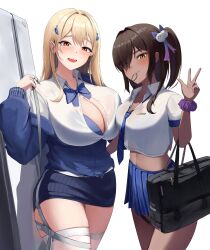 Rule 34 | 2girls, :d, absurdres, bag, blonde hair, blue bow, blue bowtie, blue jacket, blue necktie, blue skirt, blush, bodam, bow, bowtie, bra, bra peek, bra visible through clothes, breasts, brown eyes, brown hair, claw ring, cleavage, collared shirt, cropped shirt, dark-skinned female, dark skin, ear piercing, goddess of victory: nikke, hair intakes, hair ornament, hair over one eye, hair tie, hairclip, highres, huge breasts, jacket, jewelry, large breasts, long hair, loose necktie, mouth hold, multiple girls, multiple rings, naga (nikke), necktie, off-shoulder jacket, off shoulder, open mouth, partially unbuttoned, pencil skirt, piercing, pleated skirt, puffy sleeves, ring, school bag, scrunchie, shirt, short sleeves, side ponytail, simple background, skirt, sleeves past wrists, smile, strap, striped necktie, thighhighs, tia (nikke), underwear, weapon case, white background, white shirt, white thighhighs, wrist scrunchie