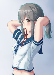 Rule 34 | 1girl, absurdres, arthur ko, blue sailor collar, brown eyes, commentary request, gradient background, grey background, grey hair, highres, holding, holding hair, kantai collection, long hair, looking at viewer, low ponytail, mouth hold, navel, red ribbon, ribbon, sailor collar, school uniform, serafuku, sidelocks, solo, upper body, usugumo (kancolle)