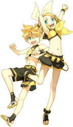 Rule 34 | 1boy, 1girl, adapted costume, alternate costume, armpits, blonde hair, blue eyes, bow, brother and sister, clenched hand, clenched hands, crop top, full body, hair bow, hair ornament, hairclip, hand up, hidari (left side), kagamine len, kagamine rin, leg lift, lowres, midriff, navel, necktie, one eye closed, open mouth, sandals, short hair, short shorts, shorts, siblings, simple background, sleeveless, smile, summer, swimsuit, twins, vocaloid, wink