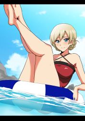 Rule 34 | 10s, 1girl, arm support, blonde hair, blue eyes, braid, breasts, cleavage, closed mouth, cloud, cloudy sky, criss-cross halter, darjeeling (girls und panzer), day, dutch angle, girls und panzer, halterneck, hifumi hajime, highres, innertube, legs together, legs up, letterboxed, looking at viewer, one-piece swimsuit, outdoors, red one-piece swimsuit, short hair, sitting, sky, smile, solo, sweatdrop, swim ring, swimsuit, thighs, twin braids, underwater, wading
