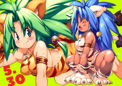 Rule 34 | 2girls, alternate color, animal ears, animal hands, animal print, armlet, bare shoulders, big hair, blue hair, blush, bone, breasts, cham cham, claws, closed eyes, closed mouth, commentary request, covered erect nipples, dark-skinned female, dark skin, dated, dual persona, fang, gloves, green background, green eyes, green hair, hair bobbles, hair ornament, hand up, jewelry, long hair, looking at viewer, medium breasts, multiple girls, necklace, open mouth, orange gloves, paw gloves, paw shoes, print gloves, samurai spirits, shiny skin, simple background, sleeveless, smile, squatting, sweat, tail, tiger ears, tiger girl, tiger print, tiger tail, white footwear, white gloves, yu 3