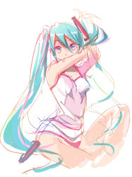 Rule 34 | 1girl, aqua eyes, aqua hair, arms up, bad id, bad pixiv id, bare shoulders, camisole, covering face, covering own mouth, covering privates, hatsune miku, legs, long hair, looking at viewer, panties, pink panties, simple background, sketch, solo, staring, twintails, ume (plumblossom), underwear, vocaloid