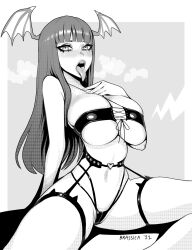 Rule 34 | 1girl, absurdres, artist name, bare shoulders, bat wings, blunt bangs, brassica, breasts, demon girl, greyscale, hand on own chest, head wings, heart o-ring, highres, large breasts, latex, latex panties, long hair, looking at viewer, monochrome, morrigan aensland, narrow waist, nose, open mouth, panties, simple background, sitting, solo, thick thighs, thighs, tongue, tongue out, underboob, undersized clothes, underwear, vampire (game), wings