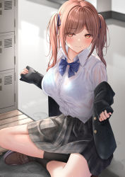 Rule 34 | 1girl, black legwear, black skirt, blue bra, blush, bra, breasts, brown eyes, brown hair, closed mouth, collared shirt, commentary request, hair ornament, highres, large breasts, locker, long hair, long sleeves, looking at viewer, monaka curl, original, school uniform, shirt, shirt tucked in, shoes, sitting, skirt, solo, underwear, wet, wet clothes, white shirt