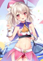 Rule 34 | 1girl, alternate costume, ascot, bare shoulders, belt, blue capelet, blush, breasts, capelet, confetti, crop top, cross, detached sleeves, earrings, fate/kaleid liner prisma illya, fate (series), feather hair ornament, feathers, gedou (shigure seishin), hair between eyes, hair ornament, illyasviel von einzbern, index finger raised, jewelry, long hair, looking at viewer, midriff, navel, open mouth, pink feathers, race queen, red eyes, revealing clothes, shirt, showgirl skirt, skirt, sleeveless, sleeveless shirt, small breasts, smile, solo, thighs, two side up, umbrella, white hair, yellow ascot
