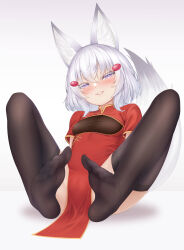 Rule 34 | 1girl, absurdres, animal ears, blush, chinese clothes, feet, highres, john zerowb, looking at viewer, medium hair, parted lips, phase connect, purple eyes, soles, tail, tenma maemi, thighhighs, toes, virtual youtuber, white hair