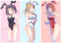 3girls, animal ears, ayase eli, bad id, bad twitter id, bangs, belly, bibi (love live!), black leotard, black neckwear, blonde hair, blue eyes, blue leotard, blush, bow, bowl cut, bowtie, breasts, bunny ears, bunny tail, cleavage, cowboy shot, detached collar, embarrassed, eyebrows visible through hair, fake animal ears, fake tail, flat chest, frown, groin, hair bow, hair ornament, highres, leotard, looking at viewer, love live!, love live! school idol project, medium breasts, multiple girls, nishikino maki, omoi seiji, open mouth, playboy bunny, ponytail, purple eyes, red bow, red hair, red leotard, scowl, short hair, short twintails, simple background, solo, source request, strapless, strapless leotard, tail, tearing up, thighs, twintails, wavy mouth, white background, wrist cuffs, yazawa nico