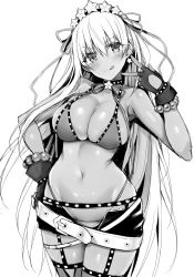 Rule 34 | 10s, 1girl, bare shoulders, bb (fate), bb (fate) (all), bb (swimsuit mooncancer) (fate), bb (swimsuit mooncancer) (second ascension) (fate), bead bracelet, beads, belt, bikini, black garter belt, blue gk, blush, bracelet, breasts, cleavage, closed mouth, collarbone, dark-skinned female, dark skin, earrings, fate/extra, fate/extra ccc, fate/grand order, fate (series), fingerless gloves, garter belt, garter straps, gloves, gold trim, greyscale, hair between eyes, hair ribbon, hand gesture, hand on own hip, highres, hip focus, jewelry, large breasts, long hair, looking at viewer, micro shorts, monochrome, navel, ribbon, short shorts, shorts, simple background, smile, solo, star (symbol), star earrings, swimsuit, thighhighs, thighs, tiara, w, white background