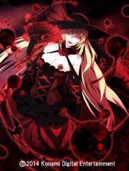 Rule 34 | bad id, bad pixiv id, blonde hair, cthulhu mythos, dress, elbow gloves, flower, gloves, hand fan, hat, long hair, mazeran, nyarlathotep, paper fan, queen in red, red eyes, rose, smile, solo, tattoo