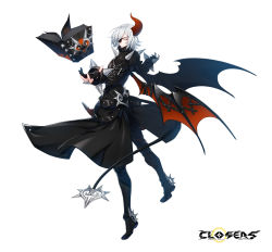 Rule 34 | 1boy, bat wings, black gloves, book, closers, demon girl, demon tail, demon wings, eyepatch, gloves, highres, horn, jewelry, necklace, official art, red eyes, short hair, solo, demon girl, tail, white hair, wings, wolfgang schneider