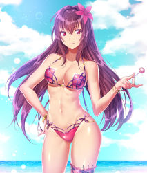 Rule 34 | 1girl, beach, bikini, blue sky, bracelet, breasts, candy, cleavage, cloud, cloudy sky, commentary request, day, fate/grand order, fate (series), flower, food, hair flower, hair ornament, hibiscus, jewelry, kunai, large breasts, bridal garter, lollipop, looking at viewer, navel, ocean, pink bikini, purple bikini, purple hair, red eyes, scathach (fate), scathach (fate), scathach (swimsuit assassin) (fate), sky, smile, sparkle, swimsuit, thigh strap, tsuru ringo, weapon