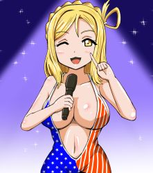 Rule 34 | 10s, 1girl, american flag, american flag print, blonde hair, blush, braid, breasts, cleavage, flag print, holding, holding microphone, large breasts, long hair, looking at viewer, love live!, love live! sunshine!!, matching hair/eyes, microphone, navel, ohara mari, okaruto channel, open mouth, smile, solo, sparkle, spotlight, standing, yellow eyes