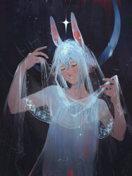 Rule 34 | 1girl, animal ears, bare shoulders, closed eyes, commentary, english commentary, flat chest, grey hair, hands up, highres, magic circle, moon phases, original, pixiescout, rabbit ears, rabbit girl, see-through, shirt, short hair, sidelocks, sleeveless, smile, solo, upper body, veil, veil lift, white hair, white shirt