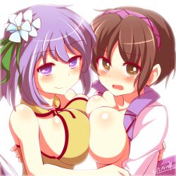 Rule 34 | 2girls, bad id, bad pixiv id, blush, breast press, breasts, breasts out, brown eyes, brown hair, flower, hair flower, hair ornament, hairband, kisaragi zwei, large breasts, multiple girls, open clothes, open mouth, open shirt, purple eyes, purple hair, purple hairband, shirt, siblings, sisters, smile, symmetrical docking, touhou, tsukumo benben, tsukumo yatsuhashi, upper body