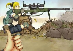 Rule 34 | 1girl, backpack, bag, bipod, blonde hair, bolt action, boots, bulletproof vest, casing ejection, elbow pads, female focus, fingerless gloves, g-e-n, gloves, green eyes, gun, headphones, highres, iris (material sniper), knee pads, male hand, material sniper, nature, outdoors, plant, ponytail, pov, randoseru, rifle, scope, shell casing, sky, smile, sniper rifle, solo, thumbs up, weapon