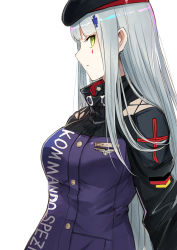 Rule 34 | 1girl, badge, beret, blunt bangs, breasts, buttons, clothes writing, facial mark, german flag, girls&#039; frontline, gloves, green eyes, hair ornament, hat, hk416 (girls&#039; frontline), jacket, long hair, looking at viewer, luse maonang, medium breasts, parted lips, sidelocks, silver hair, simple background, solo, teardrop, upper body, very long hair, white background