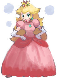 Rule 34 | 1girl, angry, blonde hair, blush, crown, dress, earrings, elbow gloves, female focus, gloves, green eyes, hands on own hips, jewelry, lips, long hair, mario (series), nintendo, pink dress, princess peach, simple background, solo, sugimori ken, super mario bros. 1, white gloves