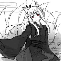 Rule 34 | 1girl, aged up, alternate hair length, alternate hairstyle, animal ears, fox ears, fox tail, greyscale, japanese clothes, kagamine rin, kariginu, looking at viewer, monochrome, multiple tails, raspberry fox (module), red eyes, solo, spot color, tail, tamura hiro, vocaloid