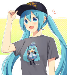 Rule 34 | 1girl, ^^^, aqua eyes, aqua hair, aqua nails, aqua necktie, artist self-reference, bare shoulders, baseball cap, black sleeves, black thighhighs, character print, chibi, commentary, detached sleeves, grey shirt, hair ornament, hairband, hat, hatsune miku, headphones, long hair, looking at viewer, nail polish, necktie, nokuhashi, open mouth, outstretched arms, self character print, shirt, short sleeves, smile, solo, t-pose, t-shirt, thighhighs, tsuutenkaku, twintails, twitter username, upper body, very long hair, vocaloid
