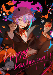 Rule 34 | 1boy, absurdres, belt, black cape, black pants, blood on glass, blue hair, bow, bowtie, cape, claw pose, cup, drinking glass, ghost, gloves, hand up, highres, hisakawa sora, horns, jack-o&#039;-lantern, kamishiro rui, looking at viewer, multicolored hair, open mouth, pants, pointy ears, project sekai, purple hair, red belt, red bow, red bowtie, shirt, sidelocks, smile, solo, star (symbol), streaked hair, white gloves, white shirt, wine glass, yellow eyes