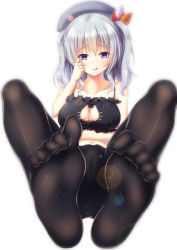 Rule 34 | 10s, 1girl, :q, alternate costume, ame wa a ga tsutano?, beret, black pantyhose, blurry, blush, bokeh, breast hold, breasts, cameltoe, cat cutout, cat lingerie, cleavage, cleavage cutout, clothing cutout, collarbone, crotch seam, depth of field, eyebrows, feet, flower, foot focus, from below, full body, hand on own face, hat, highres, kantai collection, kashima (kancolle), large breasts, lens flare, long hair, looking at viewer, meme attire, navel, no pants, no shoes, pantyhose, silver hair, simple background, soles, solo, stomach, striped, toes, tongue, tongue out, two side up, white background
