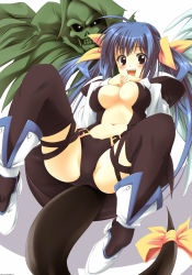 Rule 34 | 1girl, ahoge, arc system works, asymmetrical wings, blue hair, blush, boots, breasts, dizzy (guilty gear), guilty gear, highres, large breasts, long hair, necro (guilty gear), oppai kenmin, panties, red eyes, ribbon, skull, solo, spread legs, tail, tail ornament, tail ribbon, thighhighs, underwear, wings