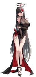 Rule 34 | 1girl, absurdres, alternate costume, bare shoulders, black footwear, black hair, blue archive, blunt bangs, breasts, bridal gauntlets, cleavage, flower, full body, hair flower, hair ornament, halo, high heels, highres, large breasts, long hair, looking at viewer, parted lips, red eyes, red flower, rio (blue archive), simple background, solo, standing, thighs, torrentduck, white background