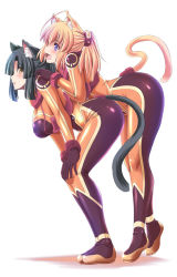 Rule 34 | 2girls, :d, :o, ahoge, animal ears, bent over, black hair, blonde hair, blue gloves, blush, breasts, brown eyes, cat ears, cat tail, from side, full body, gloves, hair ornament, hands on another&#039;s shoulders, hands on own knees, hanging breasts, large breasts, long hair, looking afar, looking at viewer, looking to the side, multiple girls, open mouth, original, ponytail, purple eyes, shiny clothes, sidelocks, simple background, skin tight, smile, standing, tail, tareme, tonpuu, white background