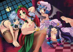 Rule 34 | 4girls, back, banana, barefoot, bat wings, beret, blue eyes, blue hair, bottle, bow, bowtie, braid, breast envy, breasts, chinese clothes, crescent, crescent moon, female focus, food, fruit, full moon, green eyes, hat, hong meiling, izayoi sakuya, large breasts, lingerie, long hair, looking at breasts, looking back, lying, maid, maid headdress, miero, moon, multiple girls, nipples, off shoulder, on stomach, open clothes, open shirt, pantyhose, patchouli knowledge, purple eyes, purple hair, red eyes, red hair, remilia scarlet, ribbon, shirt, short hair, silver hair, thighhighs, touhou, twin braids, underwear, underwear only, window, wings