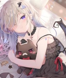 Rule 34 | 1girl, ;), bare shoulders, black dress, black hat, blurry, blurry background, blush, bow, closed mouth, collarbone, commentary request, cross, demon girl, demon wings, depth of field, dress, gingerbread man, hair over one eye, has bad revision, has downscaled revision, hat, highres, latin cross, light brown hair, long hair, looking at viewer, lying, mafuyu (chibi21), md5 mismatch, mini hat, mini santa hat, multicolored hair, on side, one eye closed, original, purple eyes, purple hair, purple wings, red bow, resolution mismatch, ruty (mafuyu), santa hat, smile, solo, source smaller, star (symbol), strap slip, streaked hair, stuffed toy, upper body, wing hair ornament, wings