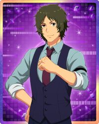 Rule 34 | 1boy, brown hair, buttons, clenched hands, collared shirt, enjoji michiru, green eyes, idolmaster, idolmaster side-m, idolmaster side-m growing stars, looking at viewer, male focus, necktie, official art, shirt, sleeves rolled up, solo
