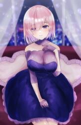Rule 34 | 1girl, blush, breasts, cleavage, closed mouth, cocktail dress, commentary request, curtains, dress, fate/grand order, fate (series), formal, gloves, hair over one eye, half gloves, head tilt, heart, heart-shaped pillow, highres, indoors, large breasts, light purple hair, looking at viewer, mash kyrielight, mash kyrielight (chaldea dinnertime), official alternate costume, partial commentary, pillow, purple dress, purple eyes, purple gloves, q (f72637285), see-through, short hair, sitting, smile, solo