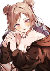 Rule 34 | 1girl, :p, black nails, blush, breasts, brown hair, cleavage, double bun, girls&#039; frontline, hair bun, hair ornament, highres, looking at viewer, medium breasts, norisukexxy, p90 (girls&#039; frontline), pink eyes, short hair, simple background, smile, solo, tongue, tongue out, white background