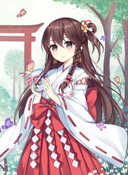 Rule 34 | 1girl, absurdres, animal, blush, bow, braid, brown eyes, brown hair, bug, butterfly, chuor (chuochuoi), closed mouth, day, earrings, flower, hair between eyes, hair ribbon, hakama, hakama skirt, hands up, head tilt, highres, holding, insect, japanese clothes, jewelry, kimono, long hair, long sleeves, looking at viewer, miko, one eye closed, original, outdoors, pink flower, red bow, red flower, red hakama, red ribbon, red rose, ribbon, ribbon-trimmed sleeves, ribbon trim, rose, short kimono, side braid, single braid, skirt, smile, solo, standing, torii, tree, very long hair, white kimono, wide sleeves
