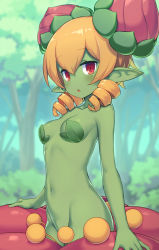 Rule 34 | 1girl, alraune, blonde hair, breasts, colored skin, convenient censoring, copyright request, deku (dekunosu), disgaea, double bun, drill hair, forest, green skin, groin, hair bun, looking at viewer, monster girl, nature, navel, outdoors, plant girl, pointy ears, red eyes, short hair, small breasts, solo, twin drills