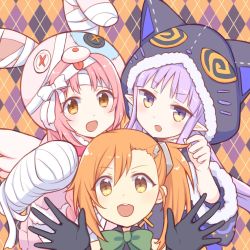 Rule 34 | 3girls, alternate costume, animal ears, animal hat, animal hood, brown eyes, button eyes, buttons, capelet, cat ears, commentary request, fake animal ears, gloves, gucchiann, hat, highres, hood, kyoka (halloween) (princess connect!), kyoka (princess connect!), looking at viewer, mimi (halloween) (princess connect!), mimi (princess connect!), misogi (halloween) (princess connect!), misogi (princess connect!), multiple girls, open mouth, orange hair, patterned background, pink capelet, pink hair, pointy ears, portrait, princess connect!, purple hair, rabbit hat, ribbon, side ponytail