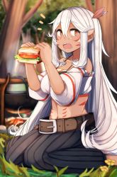 Rule 34 | 1girl, ^^^, bare shoulders, barefoot, belt, black bra, black pants, blurry, blush, bra, breasts, cleavage, crop top, depth of field, eating, elf, facial mark, feather hair ornament, feathers, food, forest, halterneck, highres, long hair, looking at viewer, medium breasts, midriff, nature, navel, off-shoulder shirt, off shoulder, open mouth, orange eyes, original, pants, plan (planhaplalan), pointy ears, pot, puffy sleeves, sandwich, sharp teeth, shirt, sidelocks, sitting, solo, steam, stomach, tattoo, teeth, underwear, very long hair, wariza, white hair