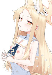 1girl animal_ears ascot blonde_hair blue_archive blue_ascot blush breasts closed_mouth collared_dress dress extra_ears fon_(96nokimihito) fox_ears fox_girl gradient_eyes green_eyes halo highres long_hair looking_at_viewer multicolored_eyes nipples red_eyes seia_(blue_archive) sideless_dress simple_background small_breasts solo turtleneck turtleneck_dress upper_body very_long_hair white_background white_dress yellow_halo