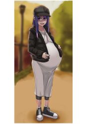 Rule 34 | absurdres, bike shorts, blurry, blurry background, dress, full body, garylin, hand on own stomach, hat, highres, hoshino ai (oshi no ko), jacket, long dress, long sleeves, looking at viewer, mother&#039;s day, oshi no ko, pregnant, purple eyes, purple hair, shoes, solo, standing, star-shaped pupils, star (symbol), symbol-shaped pupils