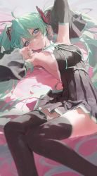 Rule 34 | 1girl, absurdres, aqua hair, aqua nails, aqua ribbon, arm up, armpits, black dress, black sleeves, black thighhighs, blue eyes, breasts, collared dress, commentary, detached sleeves, dress, feet out of frame, hair between eyes, hair ornament, hatsune miku, highres, light smile, looking at viewer, lying, modare, nail polish, neck ribbon, on back, pleated dress, ribbon, sideboob, sleeveless, sleeveless dress, solo, thighhighs, vocaloid, wide sleeves, zettai ryouiki