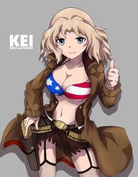 Rule 34 | 1girl, 9s0ykoyama117, absurdres, american flag bikini, american flag print, belt, bikini, bikini under clothes, black skirt, black thighhighs, blonde hair, blue eyes, breasts, brown belt, brown coat, character name, cleavage, closed mouth, coat, commentary, copyright name, cowboy shot, english text, fishnet thighhighs, fishnets, flag print, fringe trim, garter straps, girls und panzer, grey background, gun, highres, holding, holding gun, holding weapon, holster, kay (girls und panzer), large breasts, long coat, long hair, looking at viewer, miniskirt, navel, open clothes, open coat, print bikini, shadow, simple background, skirt, smile, solo, standing, swimsuit, thighhighs, thumbs up, weapon, wind