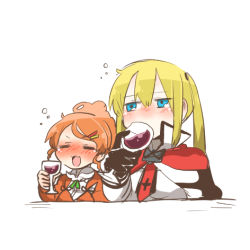 Rule 34 | &gt;:3, &gt;:d, 10s, 2girls, :3, :d, = =, alcohol, aquila (kancolle), blonde hair, blue eyes, blush, cup, drinking, drinking glass, drunk, closed eyes, graf zeppelin (kancolle), hair ornament, hairclip, kantai collection, lowres, multiple girls, no headwear, no headwear, open mouth, rebecca (keinelove), smile, v-shaped eyebrows, wine, wine glass